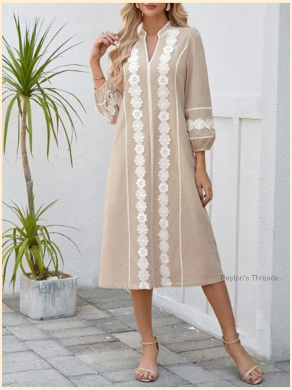 Embroidered Lace Floral Tunic Dress 3/4 Puff Sleeve V Neck Midi - Picture 3 of 6